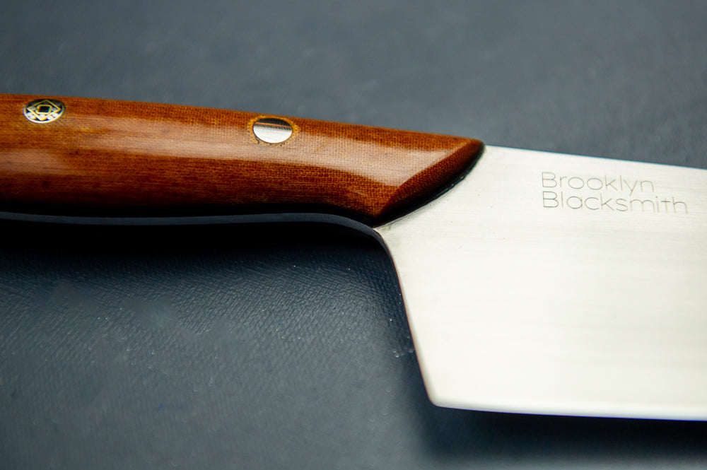 Classic Chef's Knife- Tan Micarta with Black Liners and Silver Mosaic (Slight Imperfection)