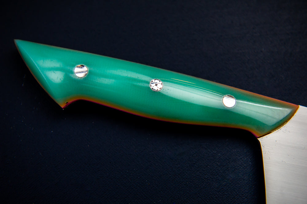 Classic Chef's Knife- Turquoise Micarta with Coral Liners and Silver Mosaic