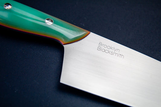 Classic Chef's Knife- Turquoise Micarta with Coral Liners and Silver Mosaic