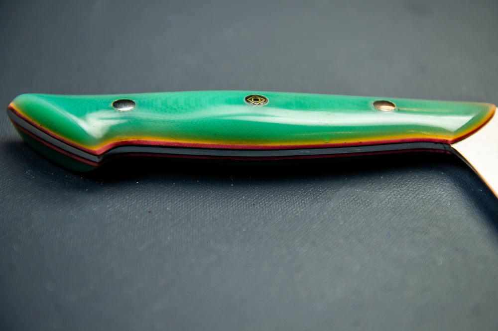 Classic Chef's Knife- Turquoise G10 Handle with Coral Liners and Silver Mosaic Pins (Slightly Imperfect)