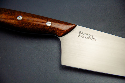 Classis Chef's Knife- Brown Canvas Micarta with Medium Black Liners, Stainless Corby Bolts and Silver Mosaic Pin