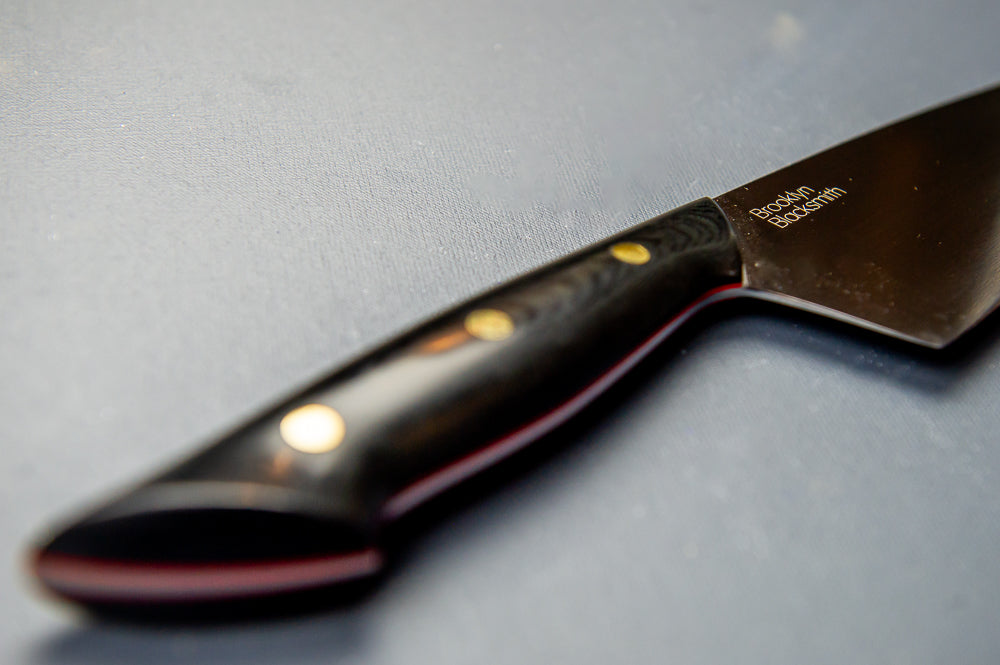 Modern Santoku Chef's Knife- Black Micarta with Medium Red Liners and Brass Mosaic Pin