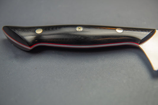 Bread Knife- Black Micarta with Medium Red Liners and Silver Mosaic Pin