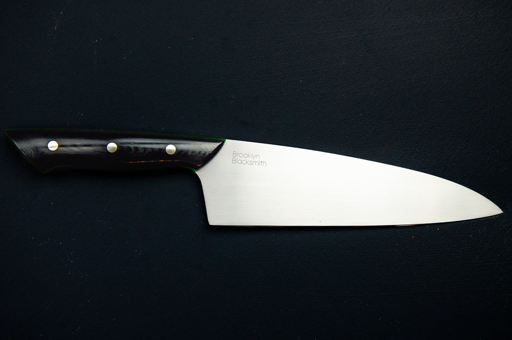 Classic Chef's Knife- Black Micarta Handles with Large Green Liners and Silver Pins