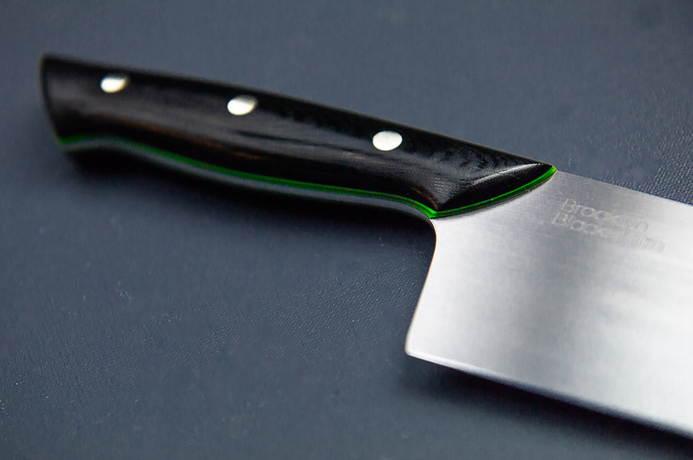 Swoop-Tip Santoku Chef's Knife- Black with large Green Liners and Silver pins