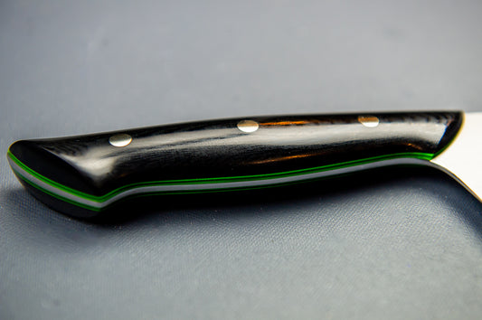 Swoop-Tip Santoku Chef's Knife- Black with large Green Liners and Silver pins