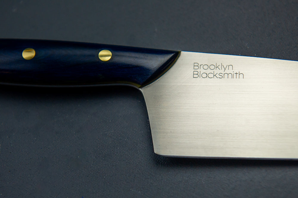 Swoop-Tip Santoku Chef's Knife- Blue with Medium Dark Green Liners and Brass pins