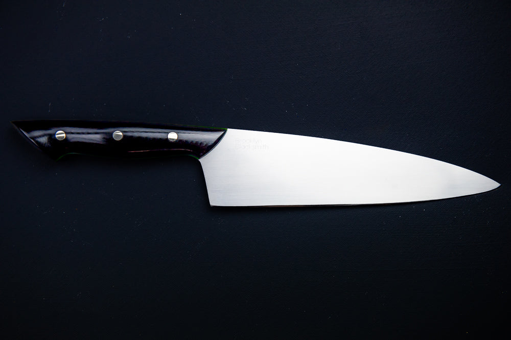 Classic Chef's Knife- Black Micarta Handles with Large Green Liners and Silver Pins