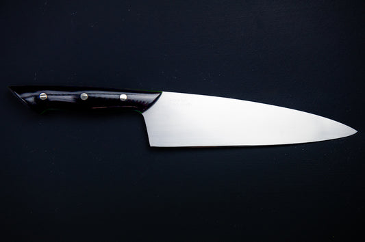 Classic Chef's Knife- Black Micarta Handles with Large Green Liners and Silver Pins
