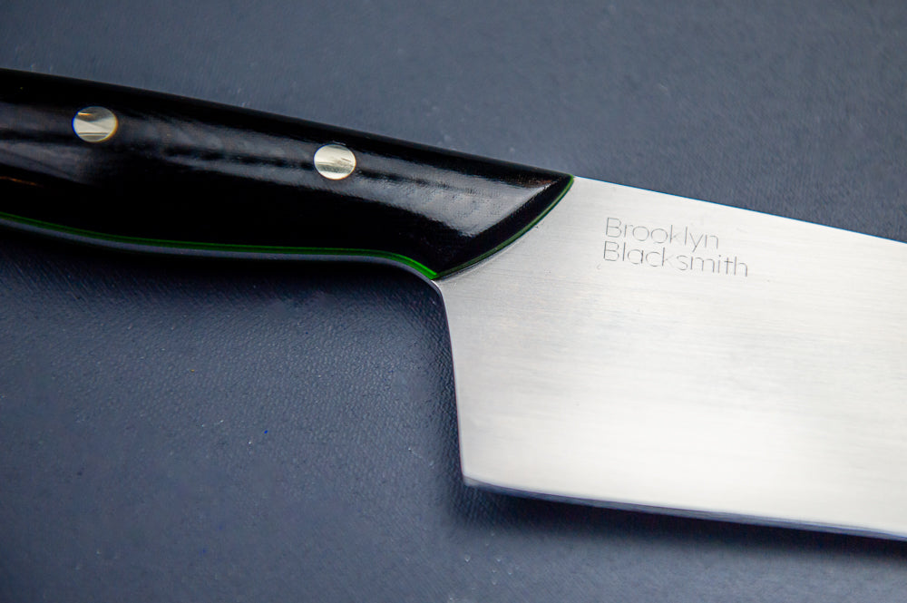 Classic Chef's Knife- Black Micarta Handles with Large Green Liners and Silver Pins
