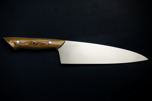Classic Chef's Knife- Delorean Micarta with Medium Yellow Liners and Silver Pins (Slightly Imperfect!)