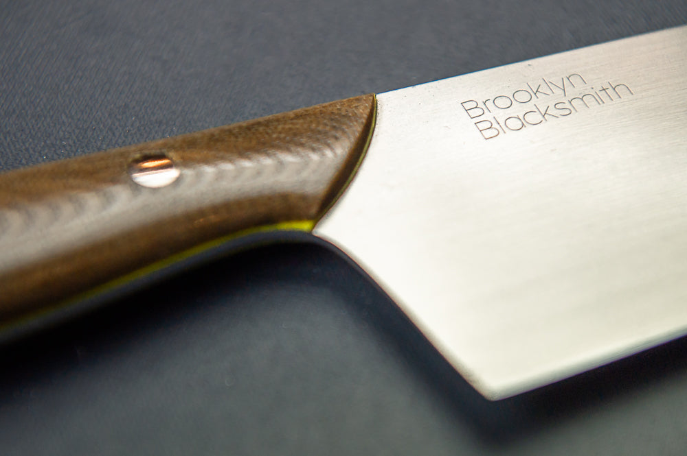 Classic Chef's Knife- Delorean Micarta with Medium Yellow Liners and Silver Pins (Slightly Imperfect!)