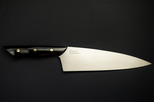 Classic Chef's Knife- Black Micarta with Black Liners and Brass Mosaic Pin