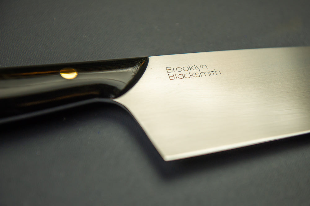 Classic Chef's Knife- Black Micarta with Black Liners and Brass Mosaic Pin