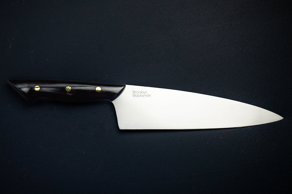 Classic Chef's Knife- Black Micarta with Blue Liners and Brass Mosaic Pin