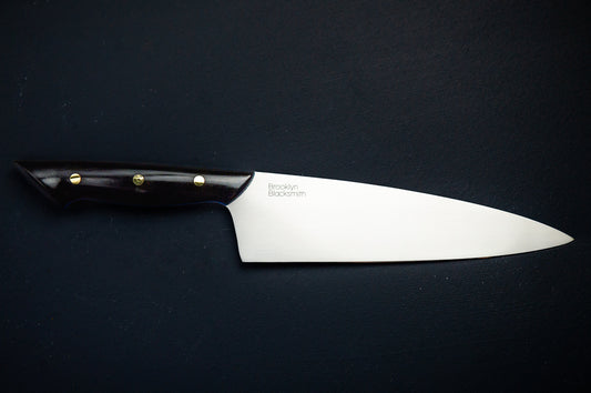 Classic Chef's Knife- Black Micarta with Blue Liners and Brass Mosaic Pin