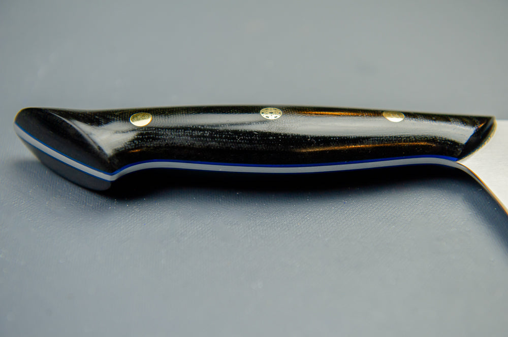 Classic Chef's Knife- Black Micarta with Blue Liners and Brass Mosaic Pin