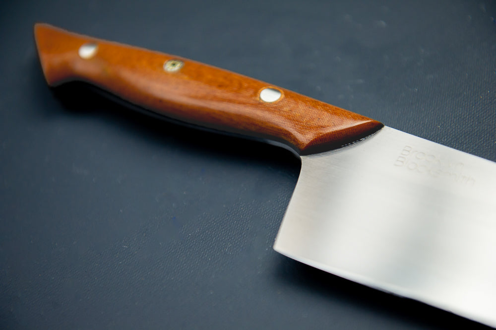 Classic Chef's Knife- Tan Micarta with Black Liners and Silver Mosaic (Slight Imperfection)