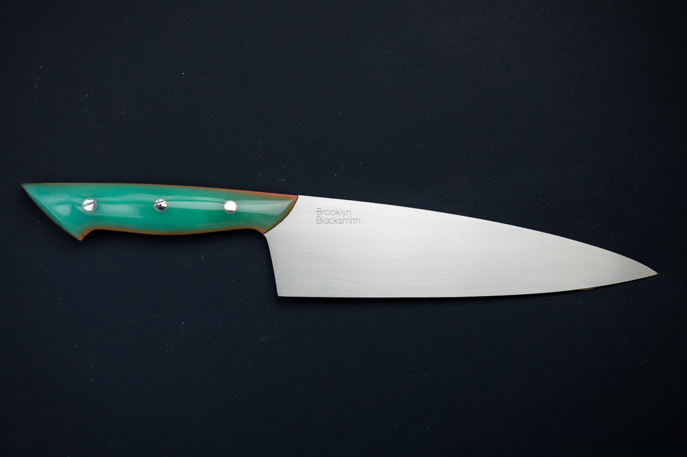 Classic Chef's Knife- Turquoise Micarta with Coral Liners and Silver Mosaic
