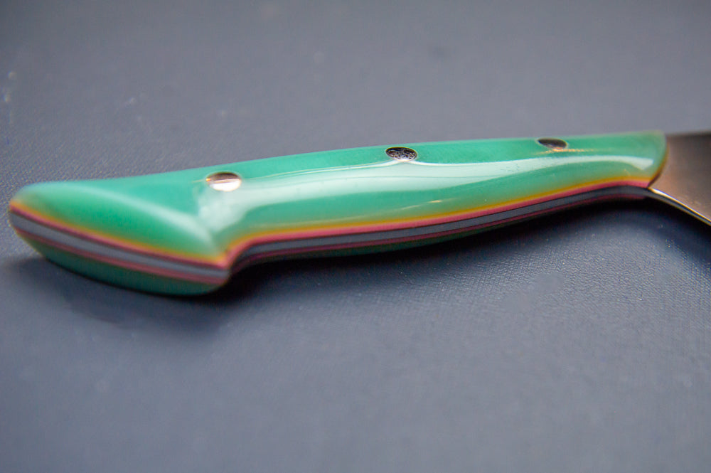 Classic Chef's Knife- Turquoise Micarta with Coral Liners and Silver Mosaic