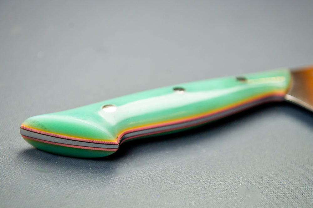 Classic Chef's Knife- Turquoise Micarta with Coral Liners and Silver Mosaic