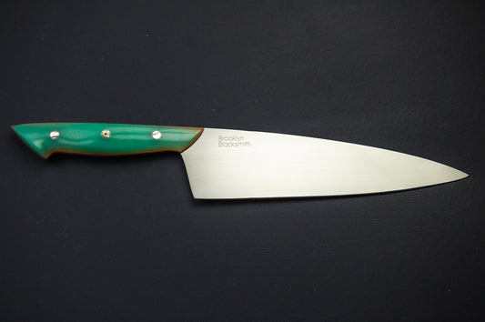 Classic Chef's Knife- Turquoise G10 Handle with Coral Liners and Silver Mosaic Pins (Slightly Imperfect)