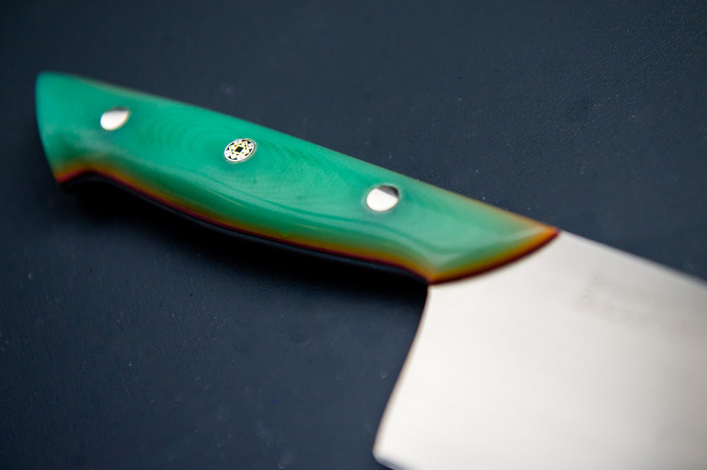Classic Chef's Knife- Turquoise G10 Handle with Coral Liners and Silver Mosaic Pins (Slightly Imperfect)