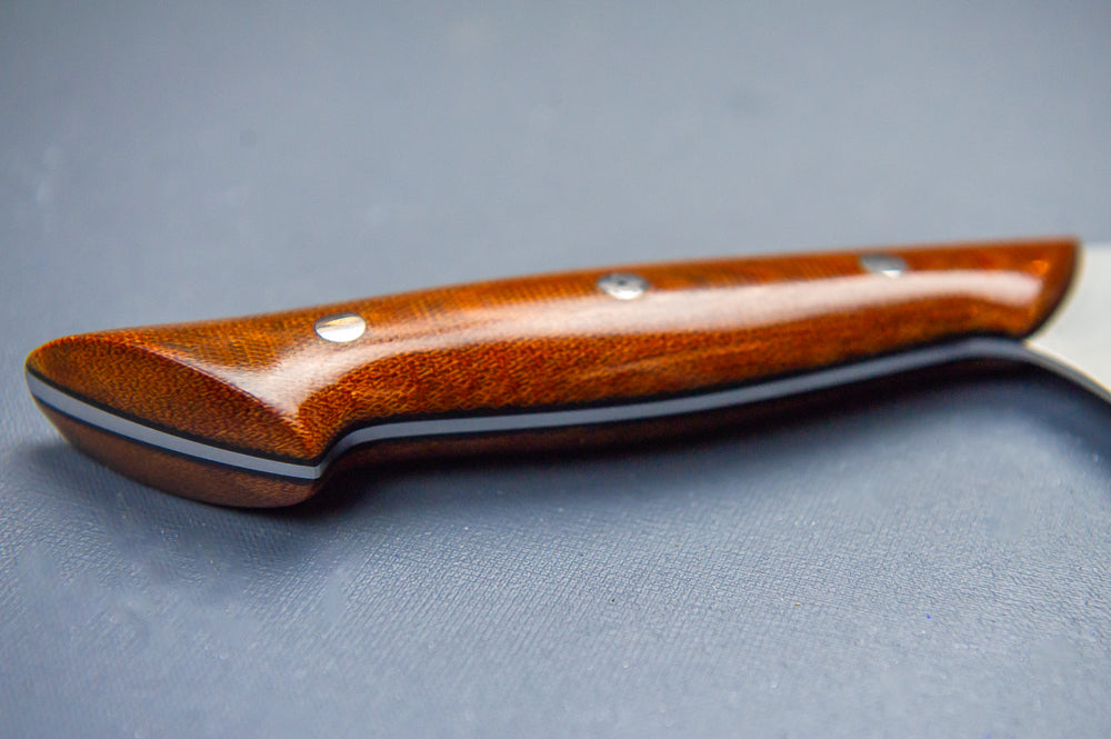 Classis Chef's Knife- Brown Canvas Micarta with Medium Black Liners, Stainless Corby Bolts and Silver Mosaic Pin