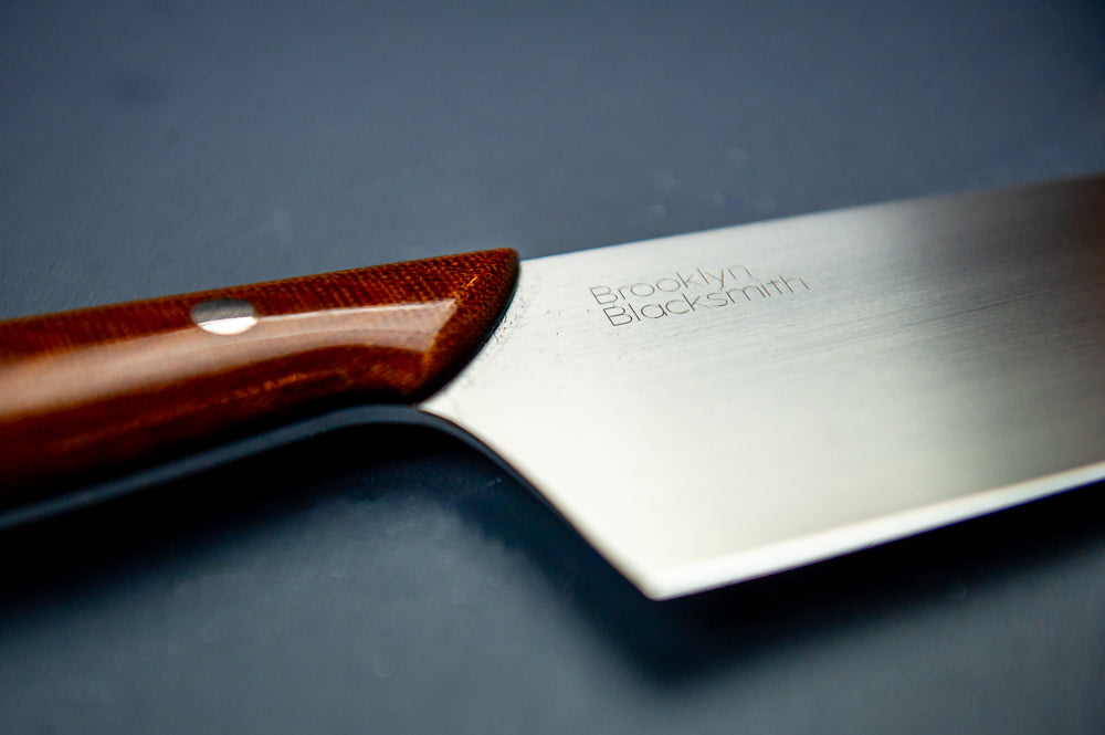Classis Chef's Knife- Brown Canvas Micarta with Medium Black Liners, Stainless Corby Bolts and Silver Mosaic Pin