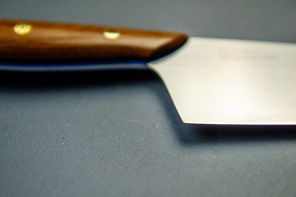 Modern Santoku Chef's Knife- Brown Paper Micarta with medium Blue Liners and Silver Mosaic Pin