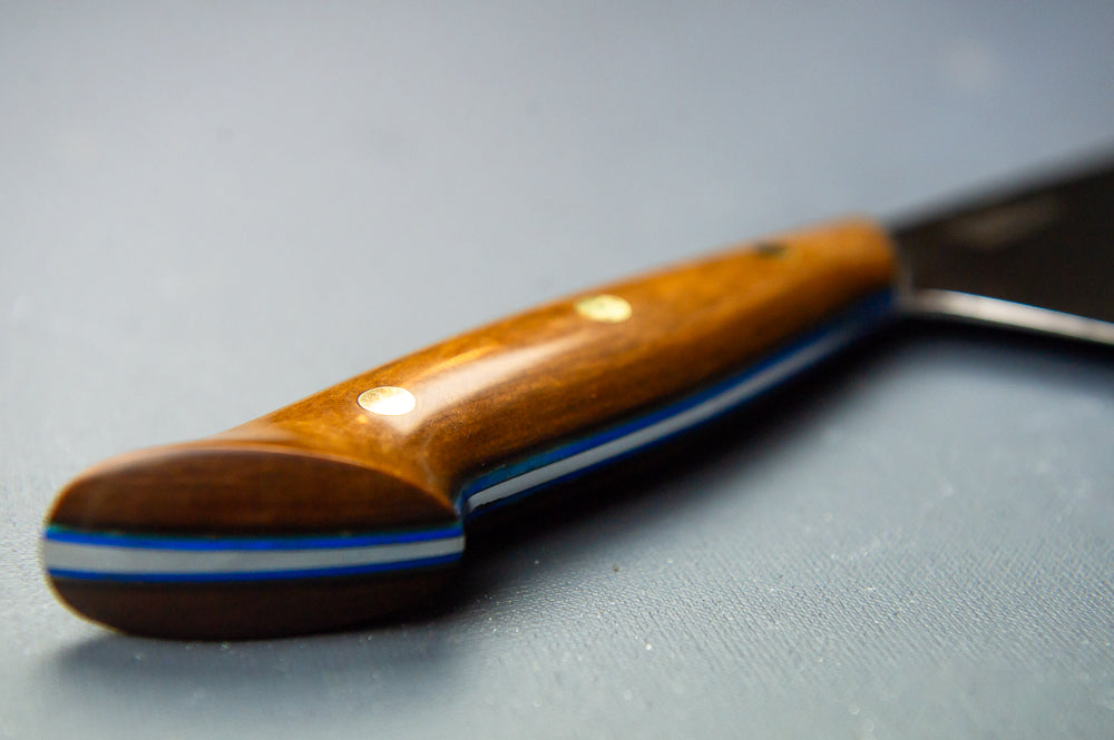 Modern Santoku Chef's Knife- Brown Paper Micarta with medium Blue Liners and Silver Mosaic Pin