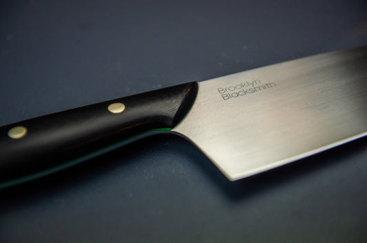 Modern Santoku Chef's Knife- Black Micarta with Fine Green liners Brass Pins