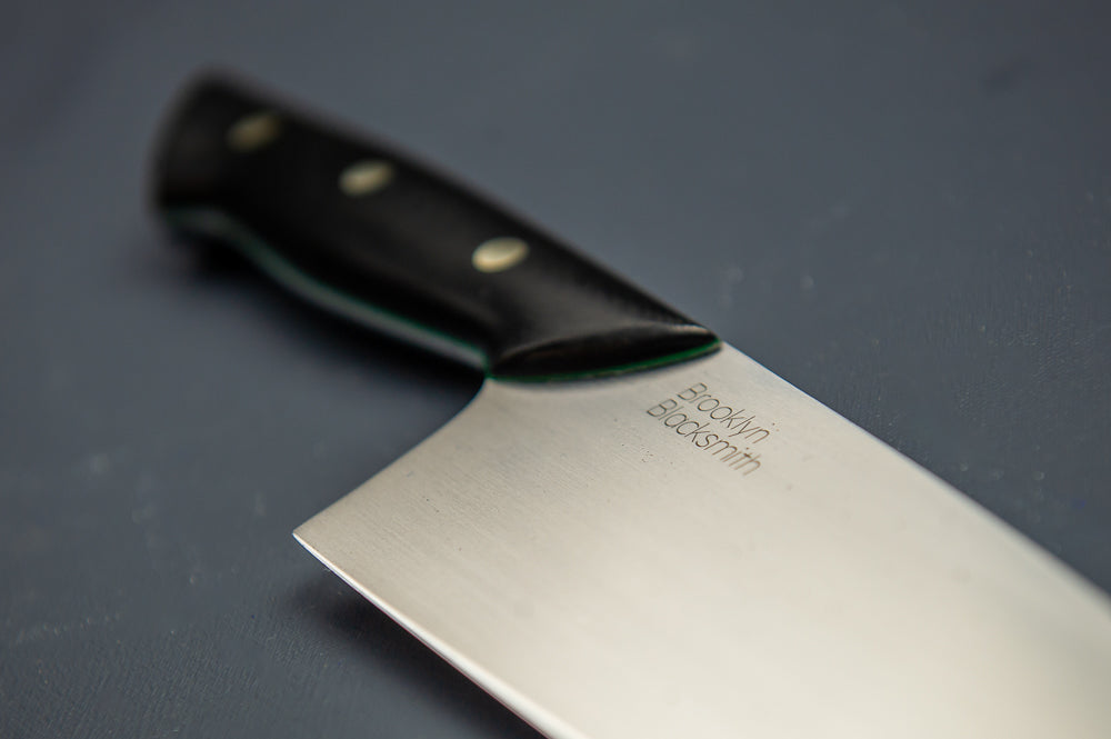 Modern Santoku Chef's Knife- Black Micarta with Fine Green liners Brass Pins