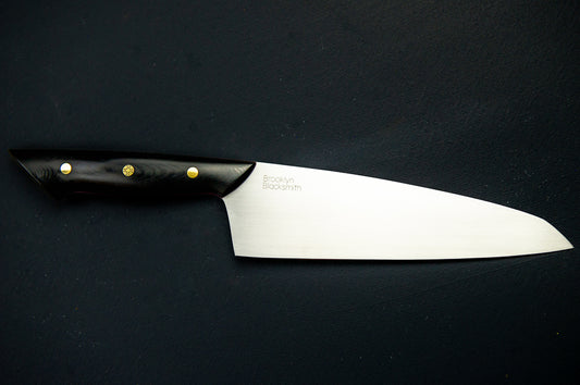 Modern Santoku Chef's Knife- Black Micarta with Medium Red Liners and Brass Mosaic Pin