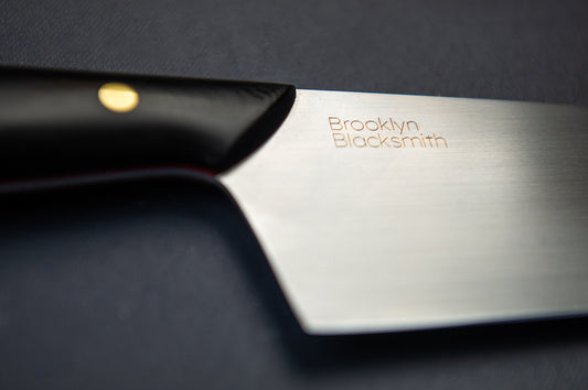 Modern Santoku Chef's Knife- Black Micarta with Medium Red Liners and Brass Mosaic Pin