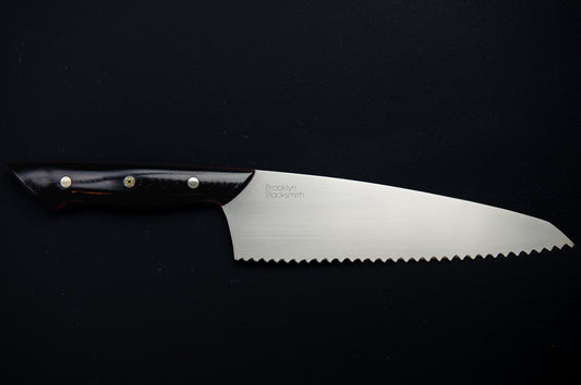 Bread Knife- Black Micarta with Medium Red Liners and Silver Mosaic Pin