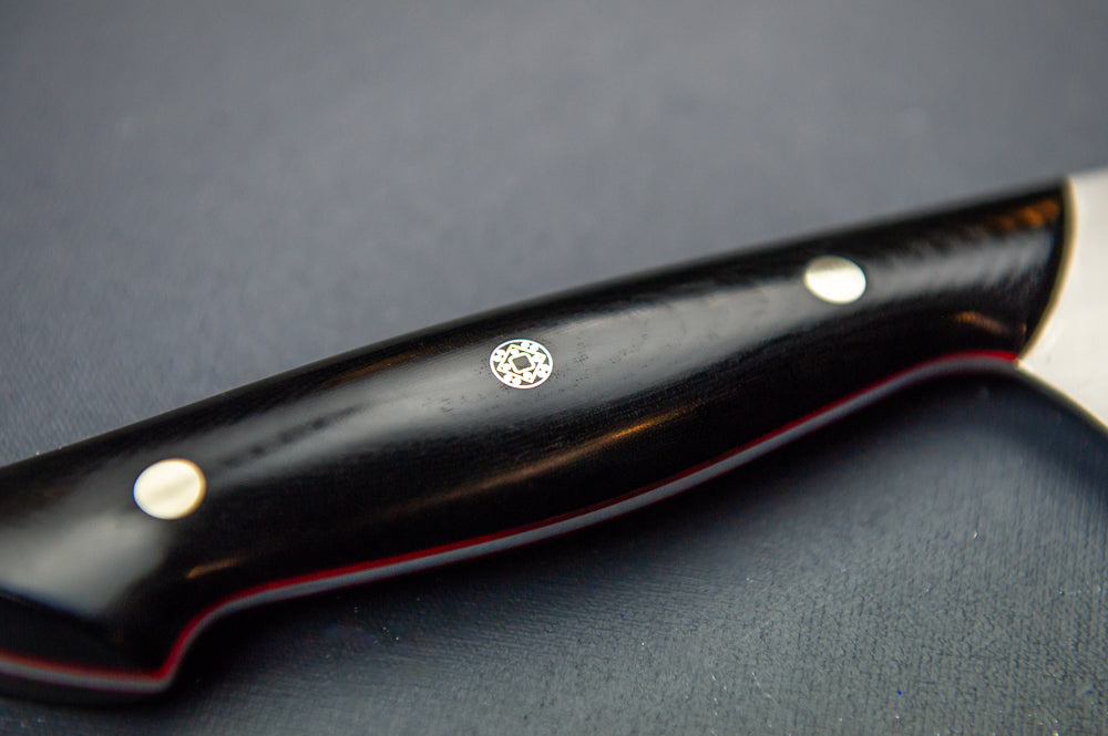 Bread Knife- Black Micarta with Medium Red Liners and Silver Mosaic Pin