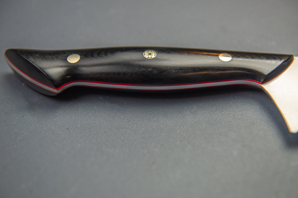 Bread Knife- Black Micarta with Medium Red Liners and Silver Mosaic Pin
