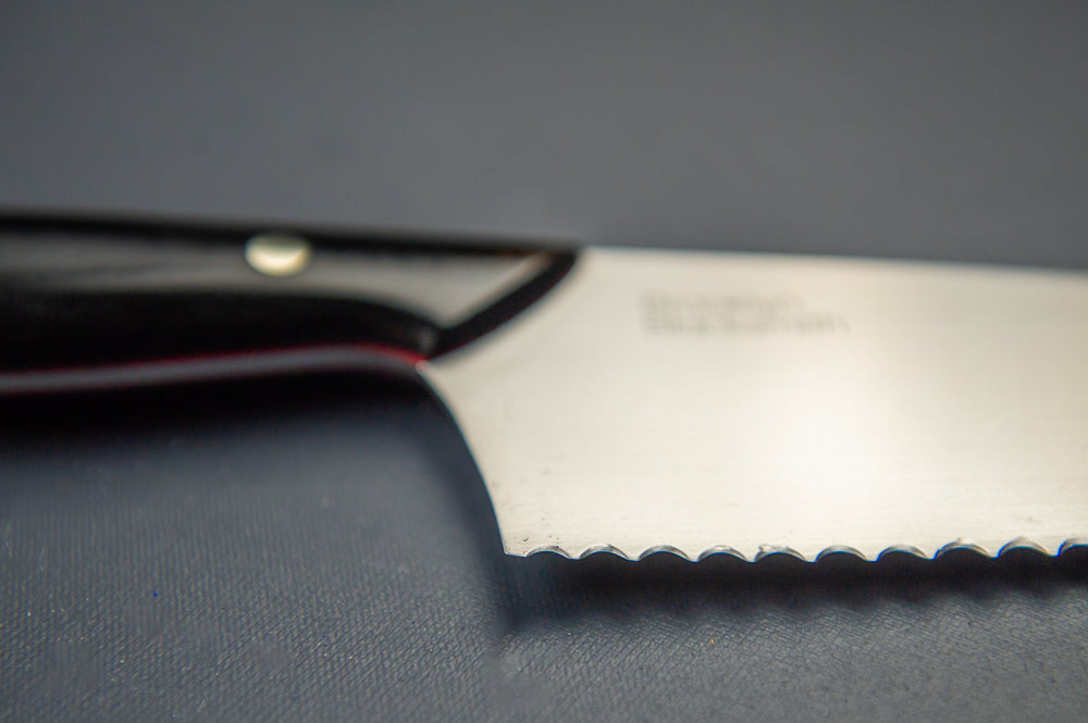 Bread Knife- Black Micarta with Medium Red Liners and Silver Mosaic Pin