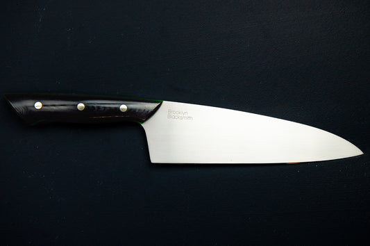 Swoop-Tip Santoku Chef's Knife- Black with large Green Liners and Silver pins