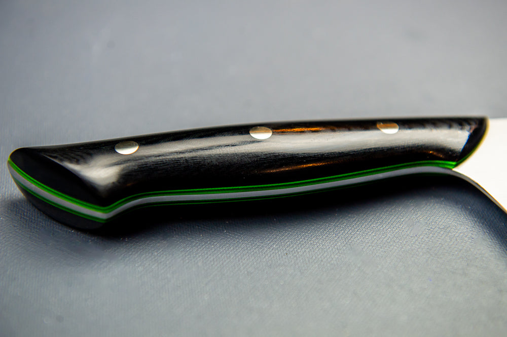 Swoop-Tip Santoku Chef's Knife- Black with large Green Liners and Silver pins