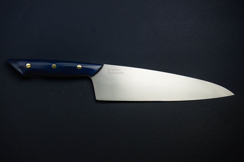Swoop-Tip Santoku Chef's Knife- Blue with Medium Dark Green Liners and Brass pins