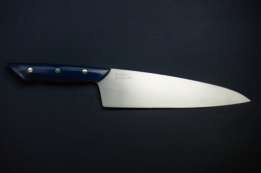 Swoop-Tip Santoku Chef's Knife- Blue with Medium Dark Green Liners and Brass pins
