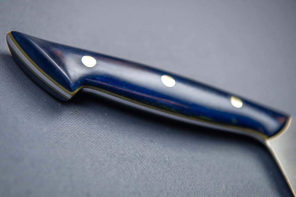 Swoop-Tip Santoku Chef's Knife- Blue with Medium Dark Green Liners and Brass pins