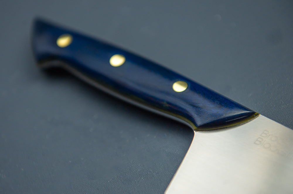 Swoop-Tip Santoku Chef's Knife- Blue with Medium Dark Green Liners and Brass pins